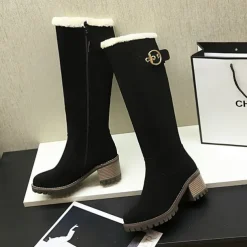 Women's Black Suede Knee-High Boots with Fur-Lined Interior, Buckle Accent, and Block Heel for Winter Fashion and Cold Weather Comfort