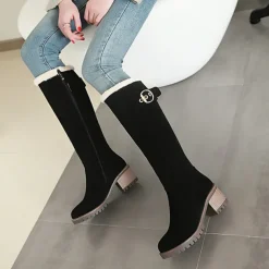 Women's Black Suede Knee-High Boots with Fur-Lined Interior, Buckle Accent, and Block Heel for Winter Fashion and Cold Weather Comfort