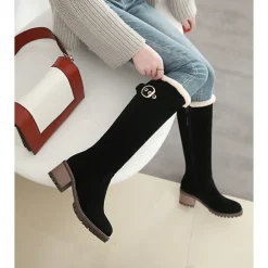 Women's Black Suede Knee-High Boots with Fur-Lined Interior, Buckle Accent, and Block Heel for Winter Fashion and Cold Weather Comfort