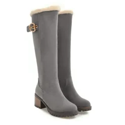 Women's Black Suede Knee-High Boots with Fur-Lined Interior, Buckle Accent, and Block Heel for Winter Fashion and Cold Weather Comfort