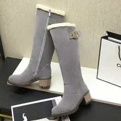 Women's Black Suede Knee-High Boots with Fur-Lined Interior, Buckle Accent, and Block Heel for Winter Fashion and Cold Weather Comfort