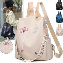 Women's Black Waterproof Nylon Backpack with Floral Embroidery and Shoulder Strap – Casual Lightweight Anti-Theft Bag for Travel, School, or Daily Use