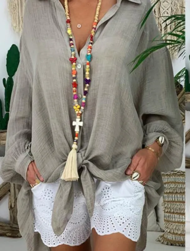 Women's Black White Blue Summer Spring Fall Mini Dress Linen-Inspired Dresses White Dress Shirt Dress Casual Outdoor Vacation Daily Loose Fit Pure Color Shirt Collar