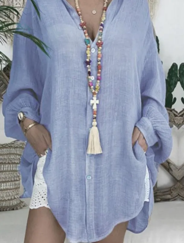 Women's Black White Blue Summer Spring Fall Mini Dress Linen-Inspired Dresses White Dress Shirt Dress Casual Outdoor Vacation Daily Loose Fit Pure Color Shirt Collar