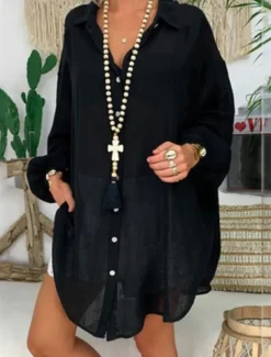 Women's Black White Blue Summer Spring Fall Mini Dress Linen-Inspired Dresses White Dress Shirt Dress Casual Outdoor Vacation Daily Loose Fit Pure Color Shirt Collar