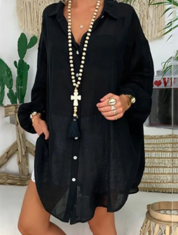 Women's Black White Blue Summer Spring Fall Mini Dress Linen-Inspired Dresses White Dress Shirt Dress Casual Outdoor Vacation Daily Loose Fit Pure Color Shirt Collar