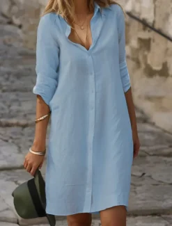 Women's Black White Blue Summer Spring Mini Dress Cotton Linen Dresses Shirt Dress White Cotton Dress Vacation Basic Modern Daily Weekend Loose Fit Plain Shirt Collar