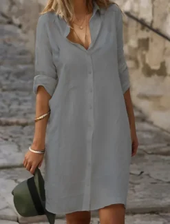 Women's Black White Blue Summer Spring Mini Dress Cotton Linen Dresses Shirt Dress White Cotton Dress Vacation Basic Modern Daily Weekend Loose Fit Plain Shirt Collar