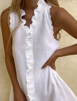 Women's Black White Dark Pink Summer Spring Mini Dress White Dress Cotton Linen Dresses Sundress Casual Vacation Daily Regular Fit Plain V Neck