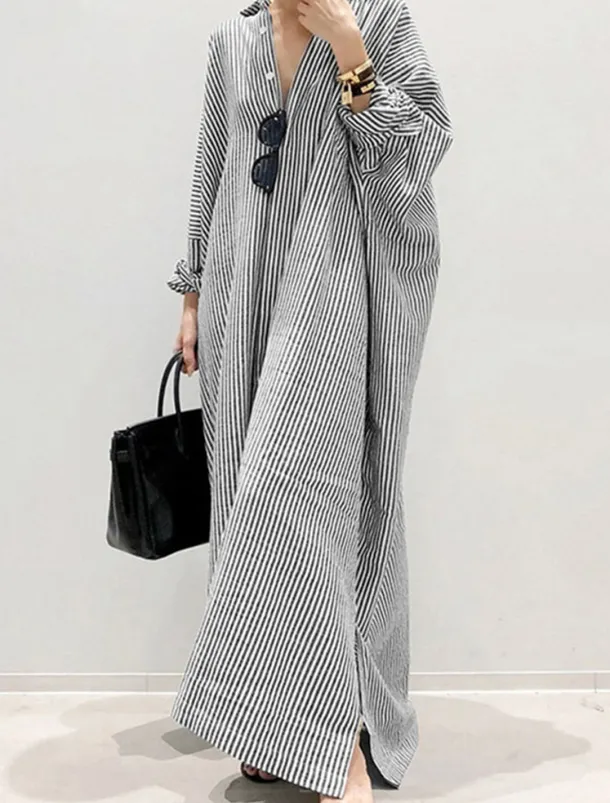 Women's Black White Light Green Summer Spring Fall Maxi Dress Cotton Linen Dresses Casual Dress Shift Dress Basic Casual Outdoor Winter Dress Vacation Loose Fit Striped Shirt Collar