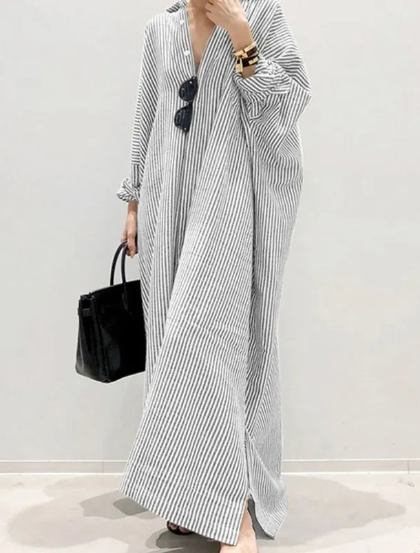 Women's Black White Light Green Summer Spring Fall Maxi Dress Cotton Linen Dresses Casual Dress Shift Dress Basic Casual Outdoor Winter Dress Vacation Loose Fit Striped Shirt Collar