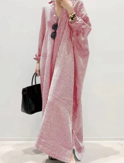 Women's Black White Light Green Summer Spring Fall Maxi Dress Cotton Linen Dresses Casual Dress Shift Dress Basic Casual Outdoor Winter Dress Vacation Loose Fit Striped Shirt Collar