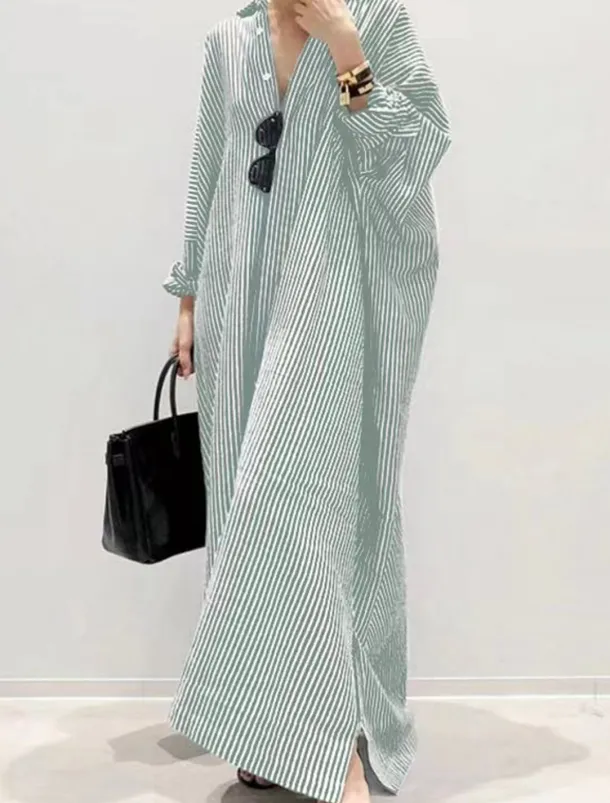 Women's Black White Light Green Summer Spring Fall Maxi Dress Cotton Linen Dresses Casual Dress Shift Dress Basic Casual Outdoor Winter Dress Vacation Loose Fit Striped Shirt Collar