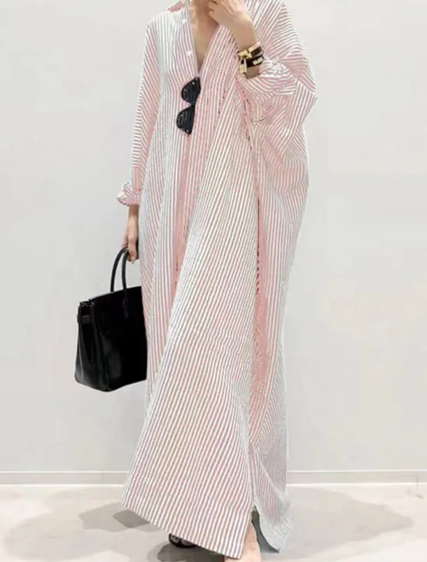 Women's Black White Light Green Summer Spring Fall Maxi Dress Cotton Linen Dresses Casual Dress Shift Dress Basic Casual Outdoor Winter Dress Vacation Loose Fit Striped Shirt Collar