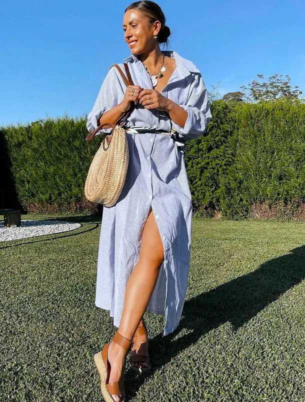 Women's Black White Light Green Summer Spring Fall Maxi Dress Cotton Linen Dresses Casual Dress Shift Dress Basic Casual Outdoor Winter Dress Vacation Loose Fit Striped Shirt Collar