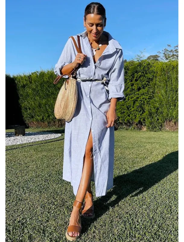 Women's Black White Light Green Summer Spring Fall Maxi Dress Cotton Linen Dresses Casual Dress Shift Dress Basic Casual Outdoor Winter Dress Vacation Loose Fit Striped Shirt Collar