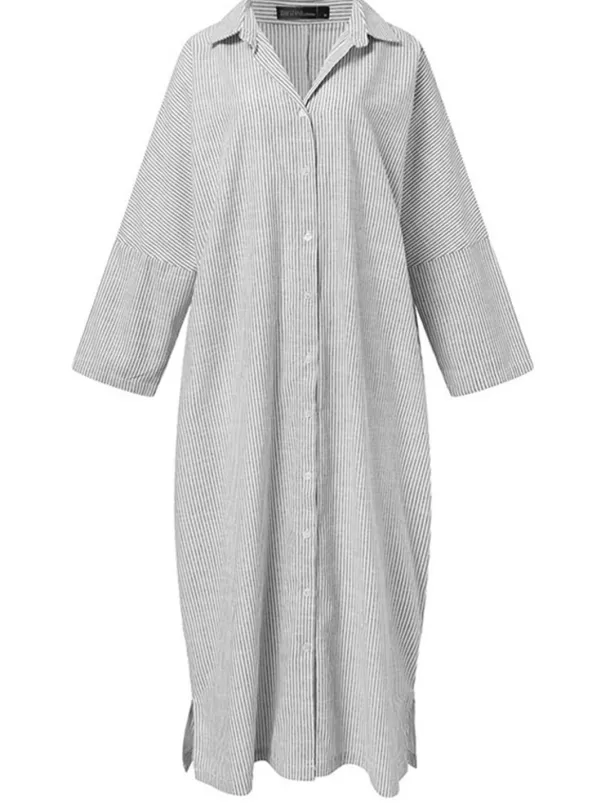 Women's Black White Light Green Summer Spring Fall Maxi Dress Cotton Linen Dresses Casual Dress Shift Dress Basic Casual Outdoor Winter Dress Vacation Loose Fit Striped Shirt Collar