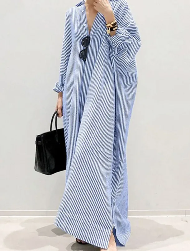 Women's Black White Light Green Summer Spring Fall Maxi Dress Cotton Linen Dresses Casual Dress Shift Dress Basic Casual Outdoor Winter Dress Vacation Loose Fit Striped Shirt Collar