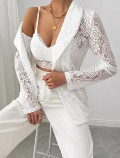 Women's Blazer Breathable Comfortable Patchwork Embroidered Fashion Casual Plain Office Street Casual Daily Wear Open Front Regular Turndown Regular Fit Long Sleeve Outerwear White Summer