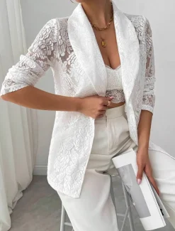 Women's Blazer Breathable Comfortable Patchwork Embroidered Fashion Casual Plain Office Street Casual Daily Wear Open Front Regular Turndown Regular Fit Long Sleeve Outerwear White Summer