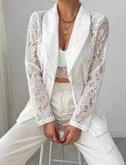 Women's Blazer Breathable Comfortable Patchwork Embroidered Fashion Casual Plain Office Street Casual Daily Wear Open Front Regular Turndown Regular Fit Long Sleeve Outerwear White Summer