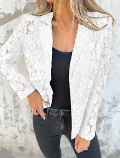 Women's Blazer Breathable Comfortable Lace Patchwork Casual Plain Office Street Casual Daily Wear Open Front Regular Turndown Regular Fit Long Sleeve Outerwear Black White Summer