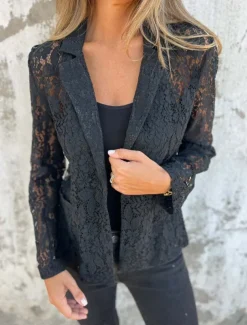 Women's Blazer Breathable Comfortable Lace Patchwork Casual Plain Office Street Casual Daily Wear Open Front Regular Turndown Regular Fit Long Sleeve Outerwear Black White Summer