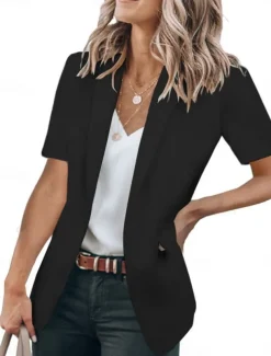 Women's Blazer Breathable Comfortable Ruffle Casual Plain Work Daily Wear Open Front Regular Turndown Regular Fit Short Sleeves Outerwear Black White Red Summer