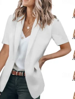 Women's Blazer Breathable Comfortable Ruffle Casual Plain Work Daily Wear Open Front Regular Turndown Regular Fit Short Sleeves Outerwear Black White Red Summer