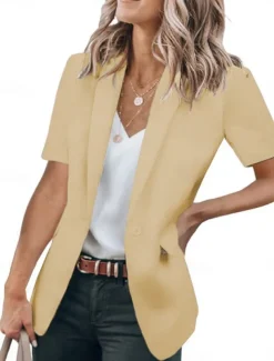 Women's Blazer Breathable Comfortable Ruffle Casual Plain Work Daily Wear Open Front Regular Turndown Regular Fit Short Sleeves Outerwear Black White Red Summer