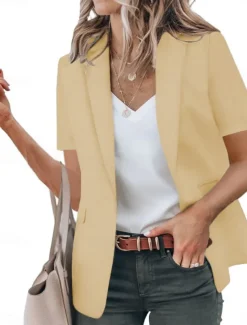 Women's Blazer Breathable Comfortable Ruffle Casual Plain Work Daily Wear Open Front Regular Turndown Regular Fit Short Sleeves Outerwear Black White Red Summer