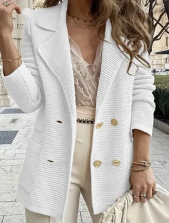 Women's Blazer Breathable Comfortable Pocket Casual Plain Office Street Casual Daily Wear Double Breasted Regular Turndown Regular Fit Long Sleeve Outerwear Black White Pink Summer