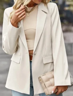 Women's Blazer Breathable Comfortable Pocket Casual Plain Office Street Casual Daily Wear Single Breasted Regular Turndown Regular Fit Long Sleeve Outerwear Black White Green Summer