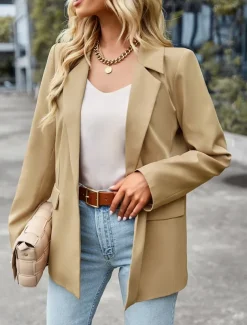 Women's Blazer Breathable Comfortable Pocket Casual Plain Office Street Casual Daily Wear Single Breasted Regular Turndown Regular Fit Long Sleeve Outerwear Black White Green Summer