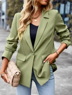 Women's Blazer Breathable Comfortable Pocket Casual Plain Office Street Casual Daily Wear Single Breasted Regular Turndown Regular Fit Long Sleeve Outerwear Black White Green Summer