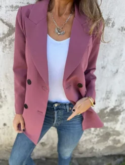 Women's Blazer Breathable Comfortable Pocket Casual Plain Office Street Casual Daily Wear Double Breasted Regular Peaked Lapel Regular Fit Long Sleeve Outerwear Black White Red Summer