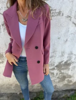 Women's Blazer Breathable Comfortable Pocket Casual Plain Office Street Casual Daily Wear Double Breasted Regular Peaked Lapel Regular Fit Long Sleeve Outerwear Black White Red Summer