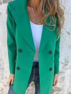 Women's Blazer Breathable Comfortable Pocket Casual Plain Office Street Casual Daily Wear Double Breasted Regular Peaked Lapel Regular Fit Long Sleeve Outerwear Black White Red Summer