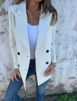 Women's Blazer Breathable Comfortable Pocket Casual Plain Office Street Casual Daily Wear Double Breasted Regular Peaked Lapel Regular Fit Long Sleeve Outerwear Black White Red Summer