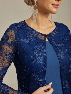 Women's Blazer Caot Jacket Lace Embroidered Sequin Elegant Floral Formal Anniversary Party Wedding Guest Open Front Long Crewneck Regular Fit Long Sleeve Outerwear Navy Blue Spring Fall