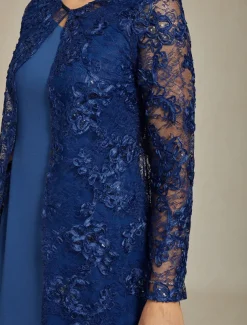 Women's Blazer Caot Jacket Lace Embroidered Sequin Elegant Floral Formal Anniversary Party Wedding Guest Open Front Long Crewneck Regular Fit Long Sleeve Outerwear Navy Blue Spring Fall