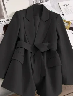 Women's Blazer Comfortable Breathable Lace up Pocket Casual Plain Office Street Casual Daily Wear Open Front Regular Turndown Regular Fit Long Sleeve Outerwear Black Green Beige Summer Fall