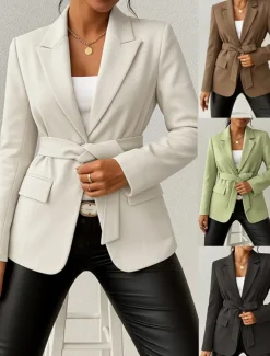 Women's Blazer Comfortable Breathable Lace up Pocket Casual Plain Office Street Casual Daily Wear Open Front Regular Turndown Regular Fit Long Sleeve Outerwear Black Green Beige Summer Fall