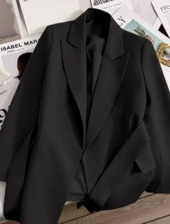 Women's Blazer Comfortable Breathable Lace up Pocket Casual Plain Office Street Casual Daily Wear Open Front Regular Turndown Regular Fit Long Sleeve Outerwear Black Green Beige Summer Fall