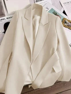 Women's Blazer Comfortable Breathable Lace up Pocket Casual Plain Office Street Casual Daily Wear Open Front Regular Turndown Regular Fit Long Sleeve Outerwear Black Green Beige Summer Fall