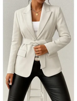 Women's Blazer Comfortable Breathable Lace up Pocket Casual Plain Office Street Casual Daily Wear Open Front Regular Turndown Regular Fit Long Sleeve Outerwear Black Green Beige Summer Fall