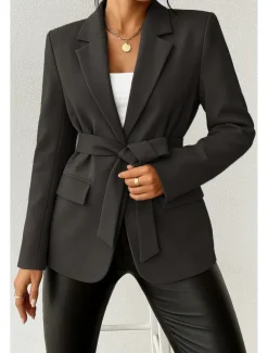 Women's Blazer Comfortable Breathable Lace up Pocket Casual Plain Office Street Casual Daily Wear Open Front Regular Turndown Regular Fit Long Sleeve Outerwear Black Green Beige Summer Fall