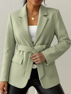 Women's Blazer Comfortable Breathable Lace up Pocket Casual Plain Office Street Casual Daily Wear Open Front Regular Turndown Regular Fit Long Sleeve Outerwear Black Green Beige Summer Fall