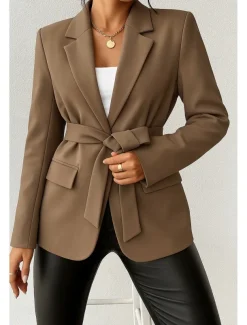 Women's Blazer Comfortable Breathable Lace up Pocket Casual Plain Office Street Casual Daily Wear Open Front Regular Turndown Regular Fit Long Sleeve Outerwear Black Green Beige Summer Fall