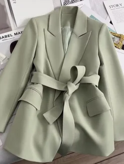 Women's Blazer Comfortable Breathable Lace up Pocket Casual Plain Office Street Casual Daily Wear Open Front Regular Turndown Regular Fit Long Sleeve Outerwear Black Green Beige Summer Fall